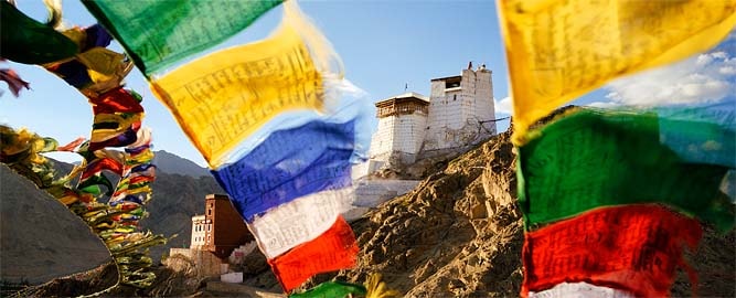 Namgyal Tsemo Gompa with prayer flags, Buddhist monastery in Leh, Ladakh