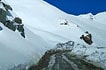 Khardung La pass covered with snow, road to Nubra valley, Ladakh