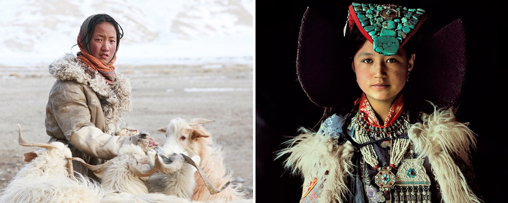 Travel portraits of a Changpa nomad and a Ladakhi woman with perak and traditional dress