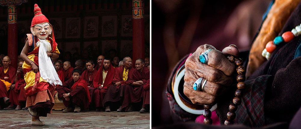 Hand of an old lady holding Buddhist rosary during festival in Ladakh