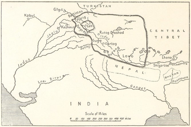 Map of the Kingdom of Ladakh at its greatest extent under King Tsewang Namgyal (1575-1595)