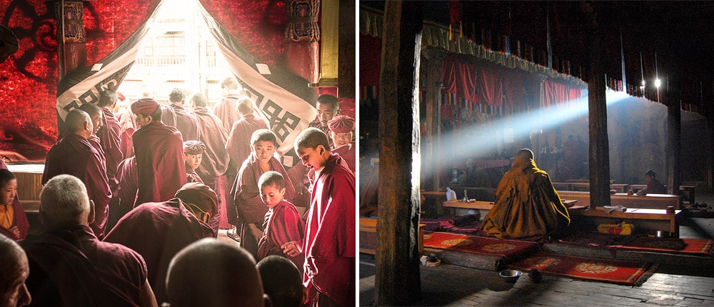 Monks in prayer room, monastery in Ladakh