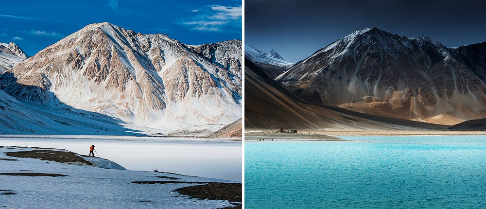 Pangong lake in winter and in summer, Ladakh