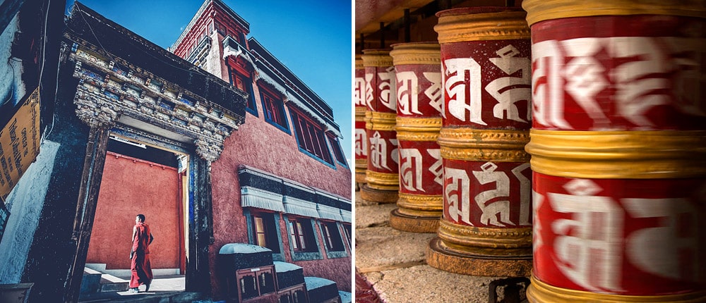 Prayer wheels around the monastery complex, Ladakh