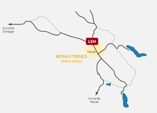 Monastery Tour (Indus valley to Thiksey, Hemis, Chemrey), Ladakh Map