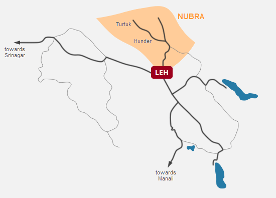 Nubra valley tour (Diskit, Hunder, Turtuk, Panamik), Ladakh Map