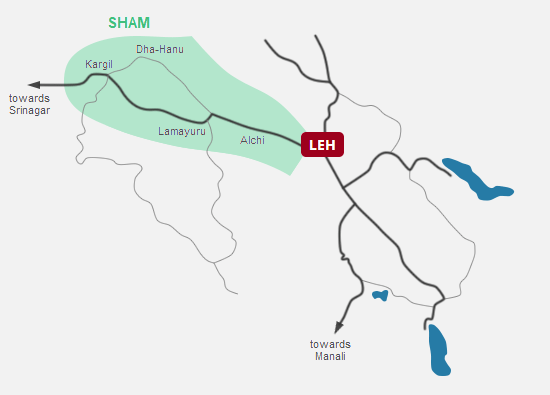 Sham Tour, Western Ladakh (Alchi, Lamayuru, Dha-Hanu, Kargil), Ladakh Map