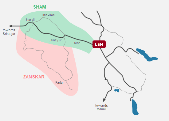 Zanskar valley tour (Phuktal, Padum, Karsha, Lingshed...), Ladakh Map