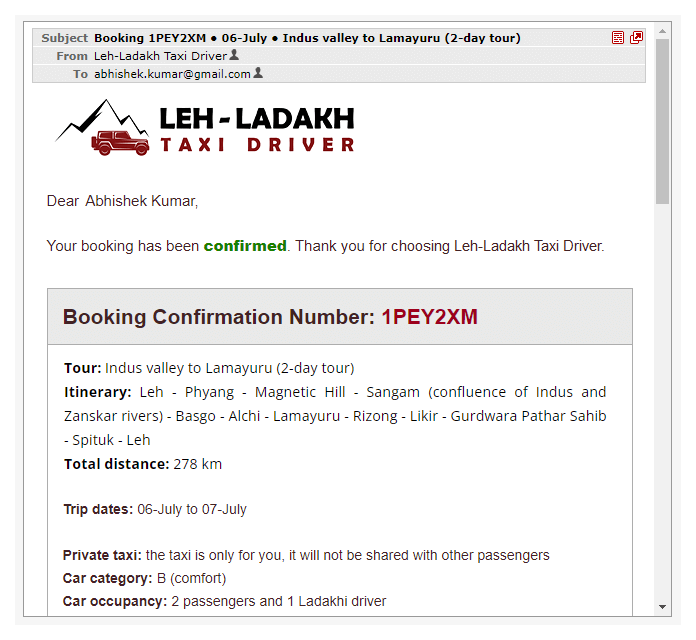 Booking confirmation email, first tour