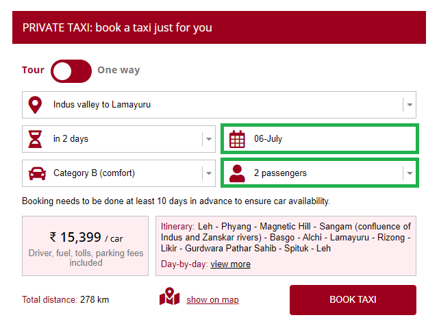 Booking form filled in, first tour