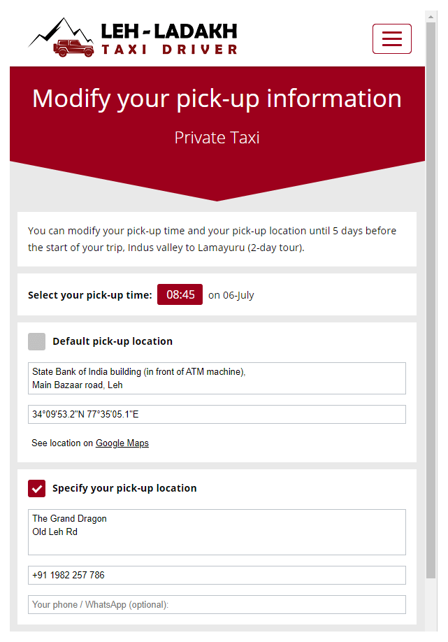 Modify pick-up information, first tour