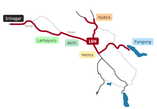 Map, Classic Leh-Ladakh with Srinagar tour