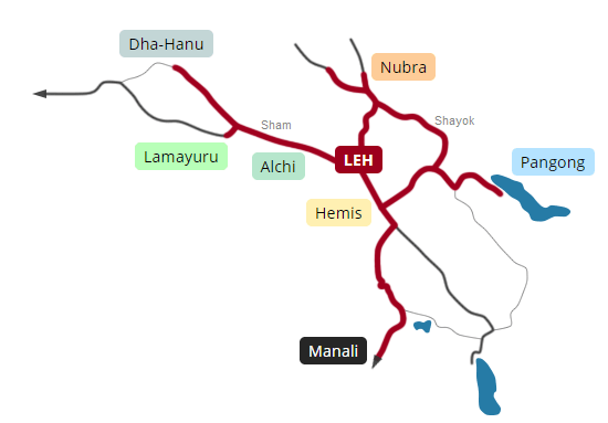 Map, Explore Leh-Ladakh with Manali tour