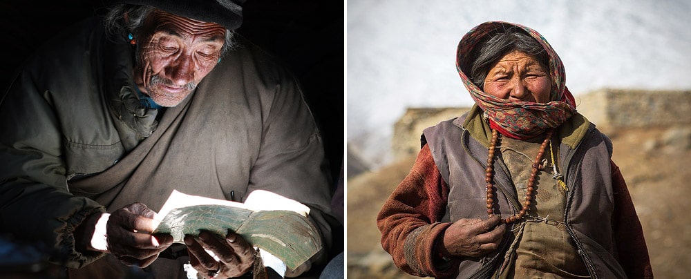 Changpa man reading a Buddhist religious text, Changthang, Ladakh