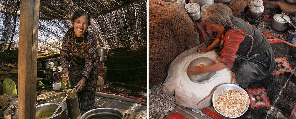 Changpa women preparing food (tsampa) and butter tea inside the tent, Changthang, Ladakh